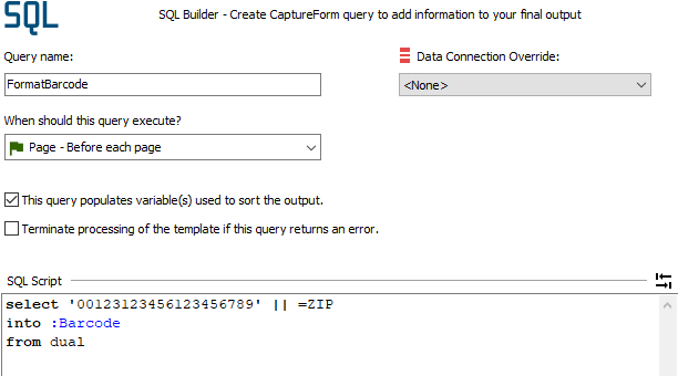 S Q L builder page for creating a Capture Form query. There is a text box for naming the query, a drop down to set an A D O connection override, radio buttons for setting when the query will execute, a toggle to execute the query during sort, and a toggle to terminate processing on a query error. The S Q L script is at the bottom of the page. The radio buttons that determine time of execution are pre, which executes the query before andy pages have processed; page, which exeutes before each page; post, which executes after all pages are processed; and test, which will not execute on the server.